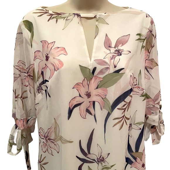 Truth & Fable White Floral Print Shift Dress with Sheer Tie Sleeves Size Small - Picture 3 of 9